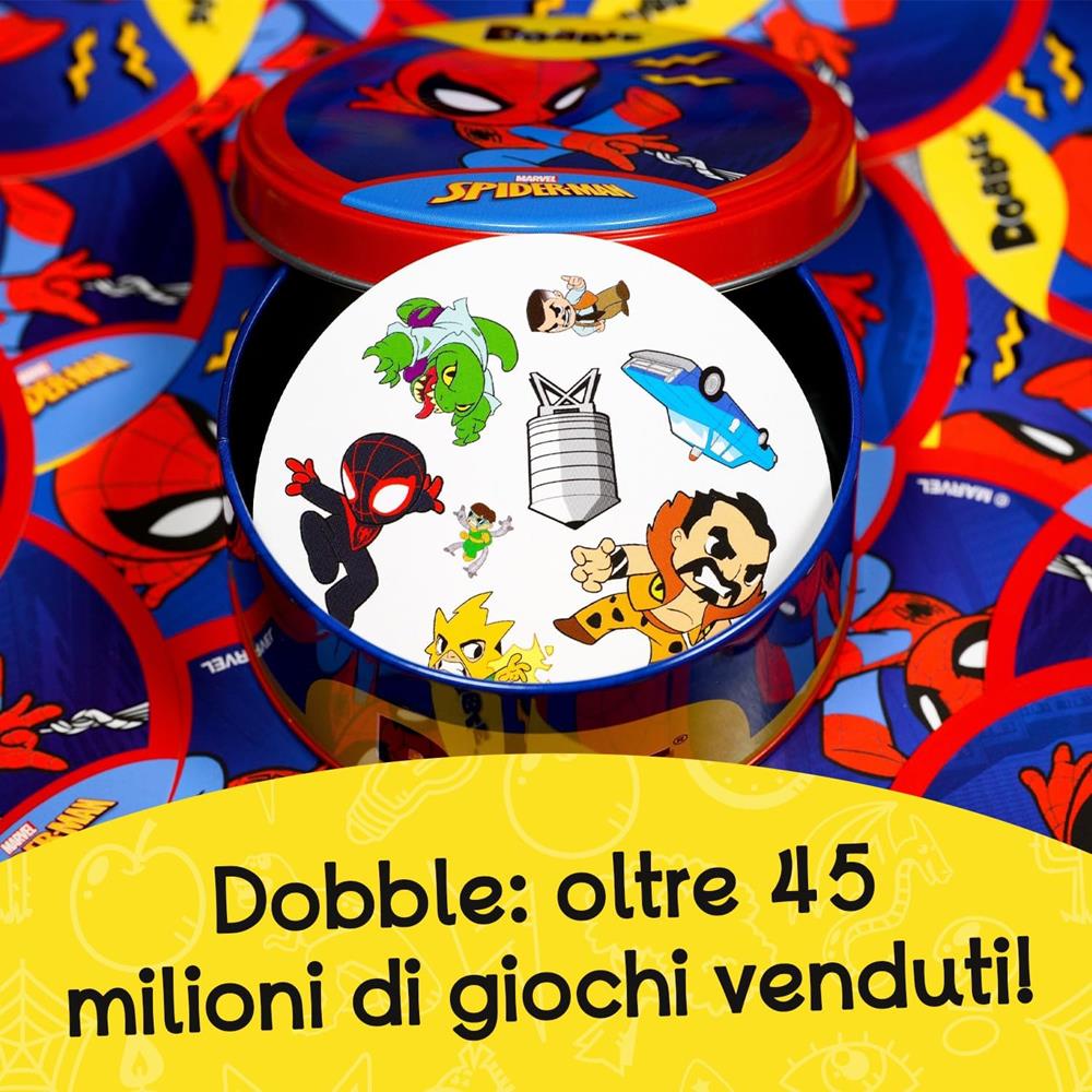 Dobble Spiderman - scatola aperta con carte del gioco, gioco Asmodee tema Marvel