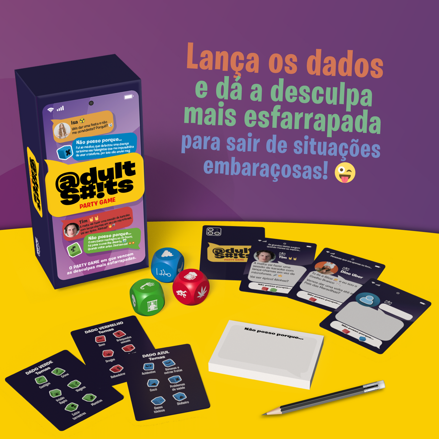 Adult Shits - foto di gameplay con scatola, dadi colorati e carte di risposta, party game per adulti 18+