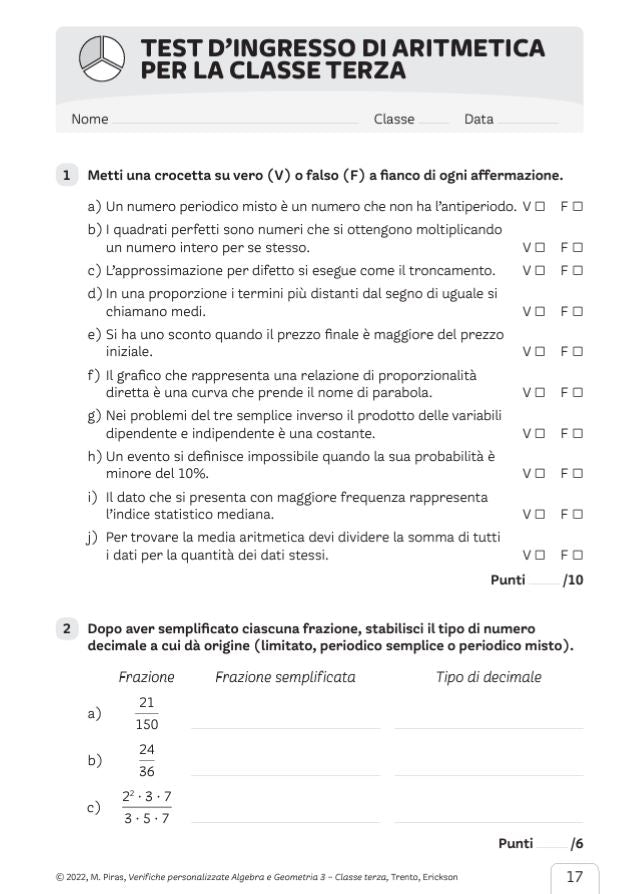 Verifiche personalizzate - Algebra e Geometria 3 - Centroscuola