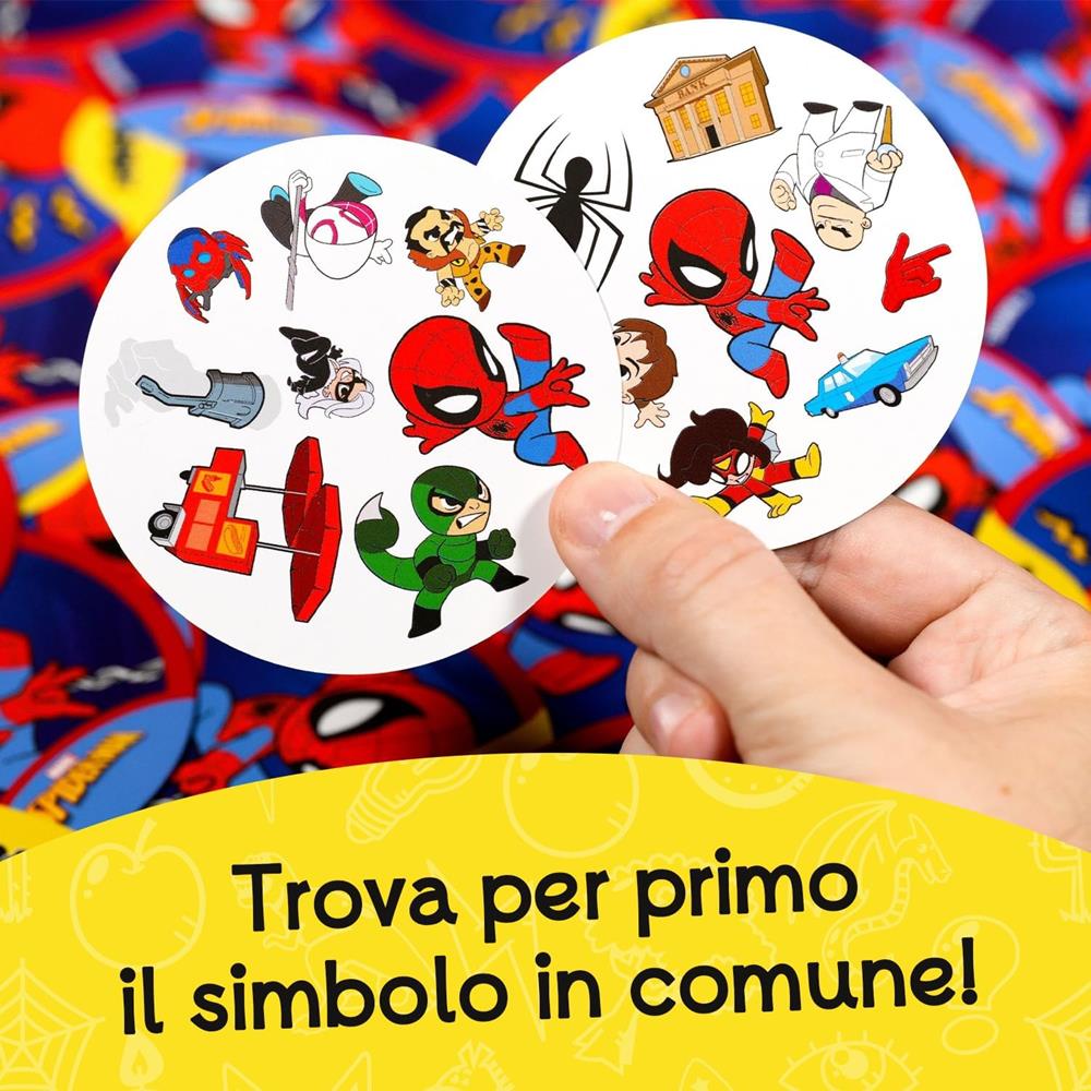 Dobble Spiderman - esempio di due carte a confronto per trovare il simbolo in comune, gioco Asmodee