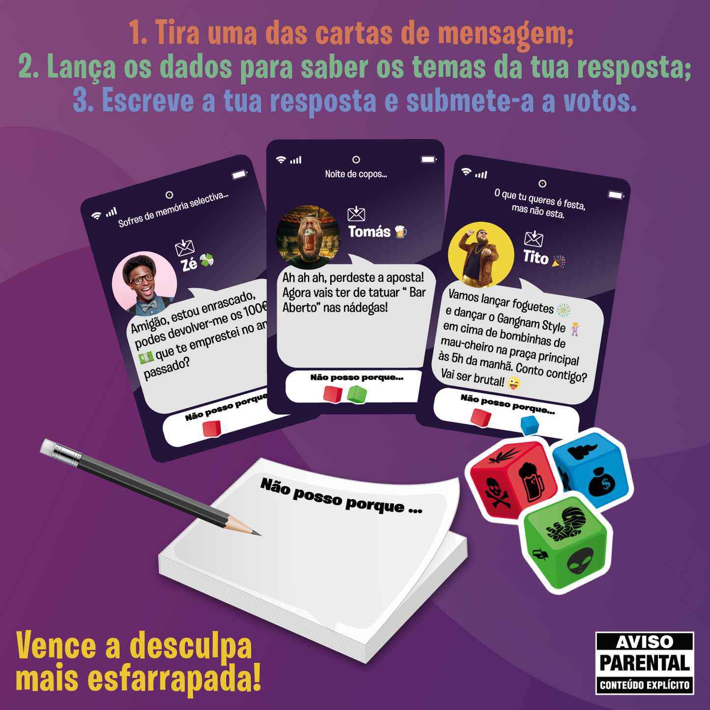 Adult Shits - contenuto della scatola: dadi, carte messaggio e blocco note per le risposte, party game per adulti