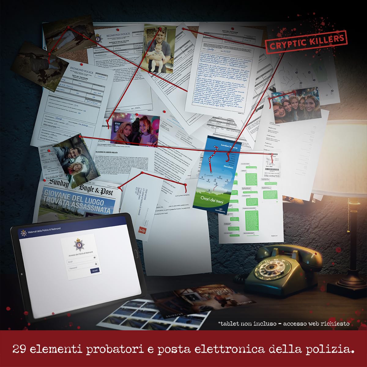 Omicidio di una Milionaria - bacheca investigativa con le prove collegate e tablet per l'accesso alla posta elettronica della polizia, gioco Cryptic Killers