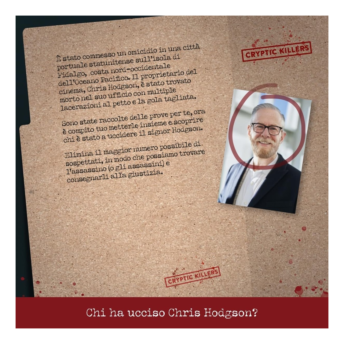 Omicidio al Cinema - retro del fascicolo con la storia del caso e la vittima Chris Hodgson, gioco investigativo Cryptic Killers