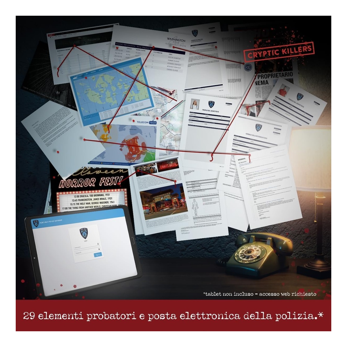 Omicidio al Cinema - i 29 elementi probatori e le prove del caso, gioco investigativo Cryptic Killers