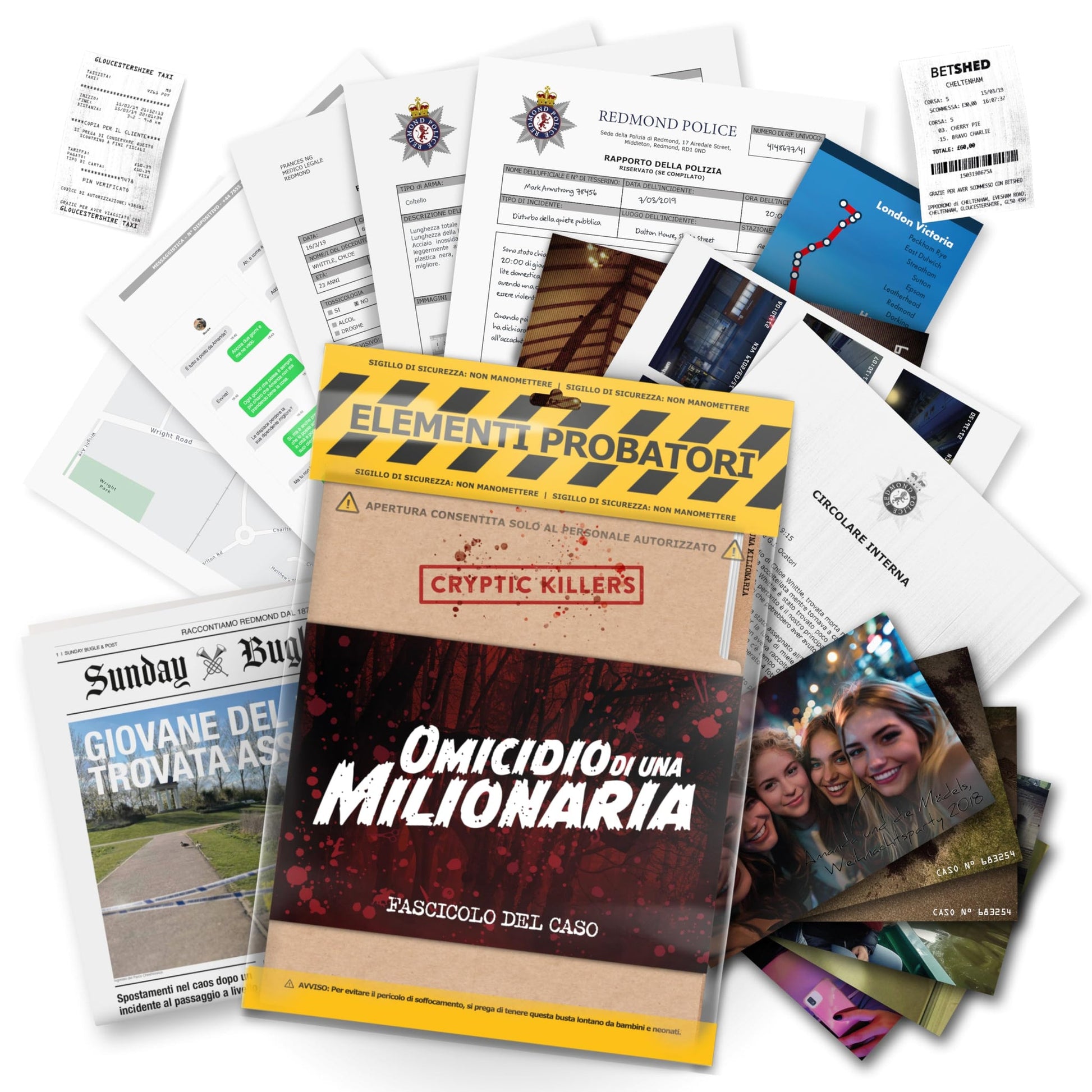 Omicidio di una Milionaria - contenuto della scatola con prove del caso: rapporti di polizia, articoli di giornale, fotografie e scontrini, gioco investigativo Cryptic Killers