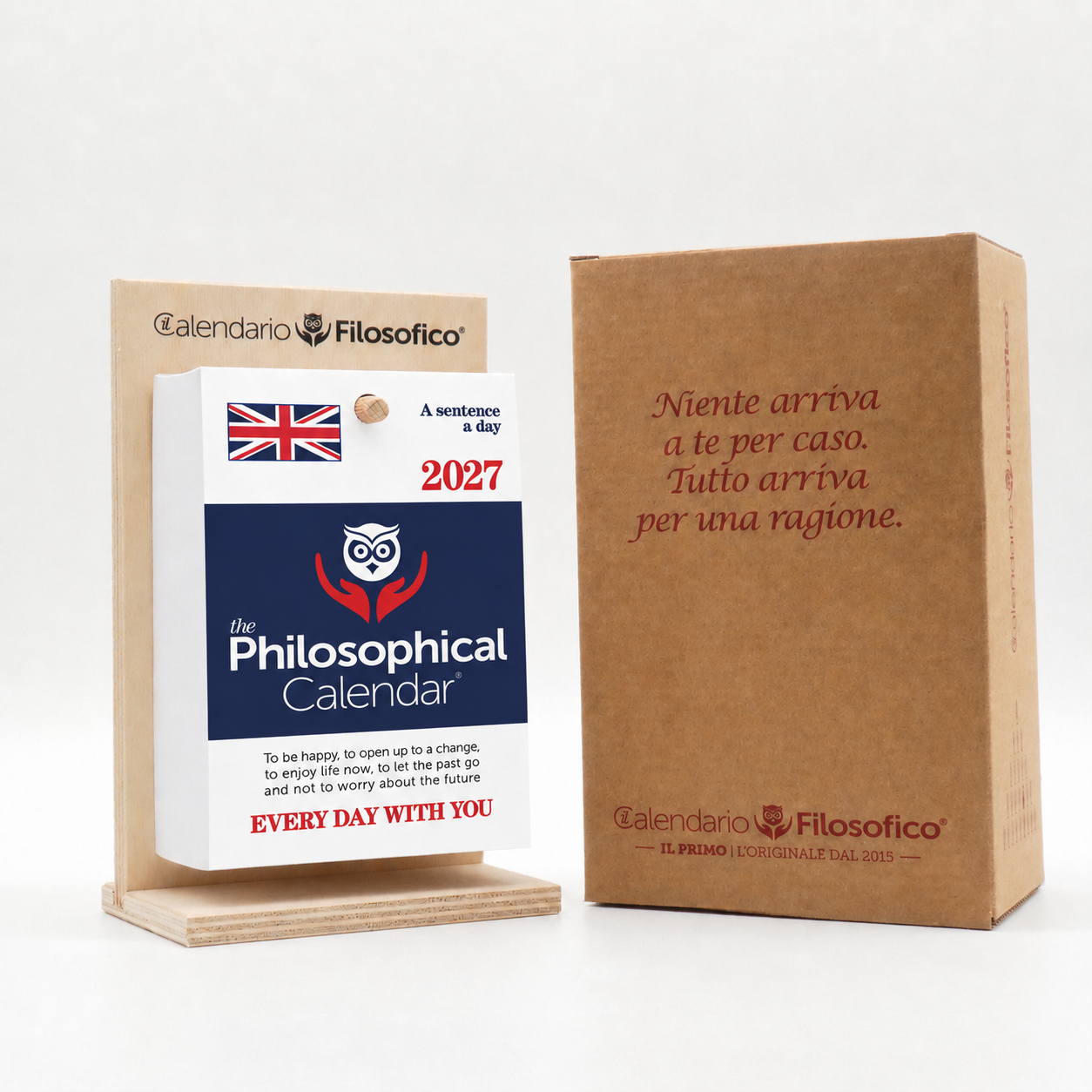 The Philosophical Calendar 2027 con supporto in legno - scatola regalo fronte