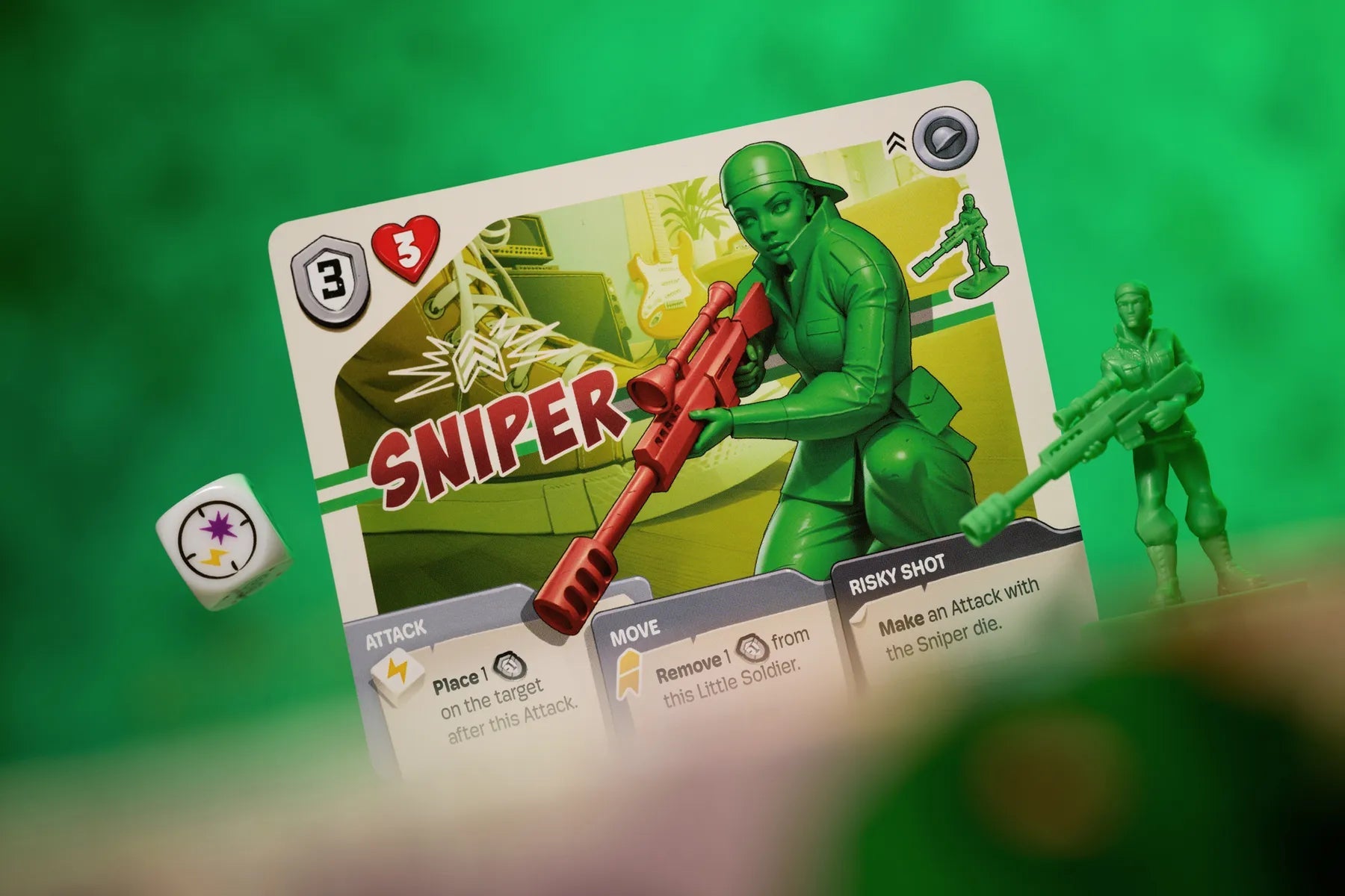 Solda-Tiny - carta personaggio Cecchino con soldatino verde, gioco da tavolo Mancalamaro