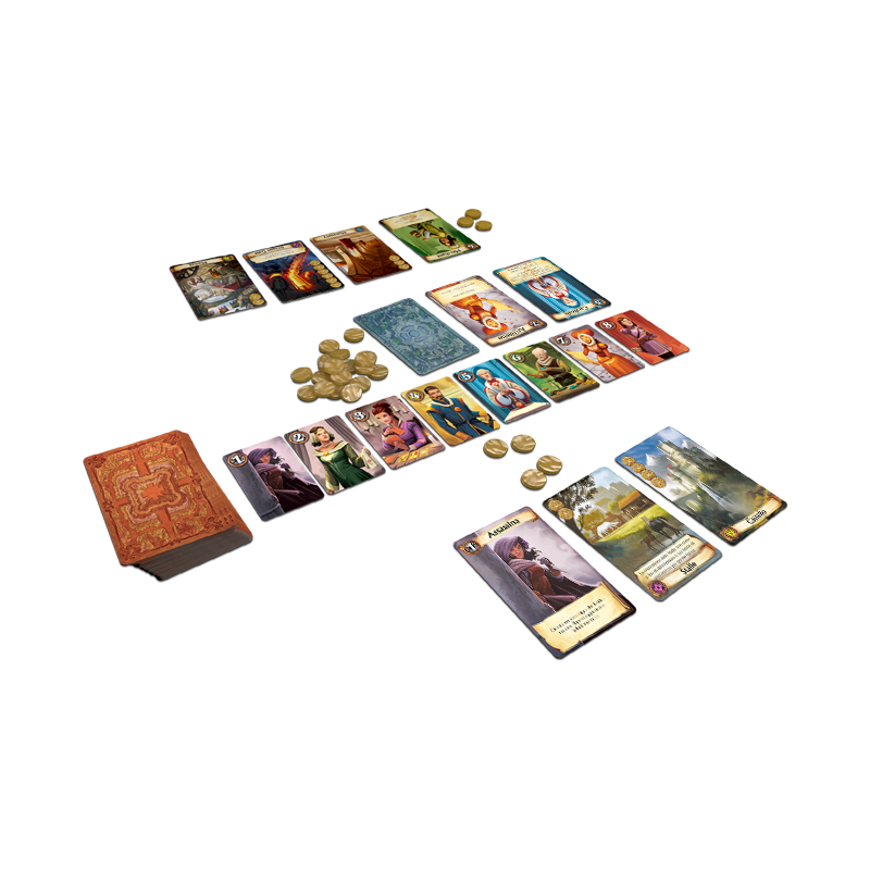 Citadels - contenuto della scatola con carte personaggio, carte quartiere e monete, gioco da tavolo Asmodee/Zman Games