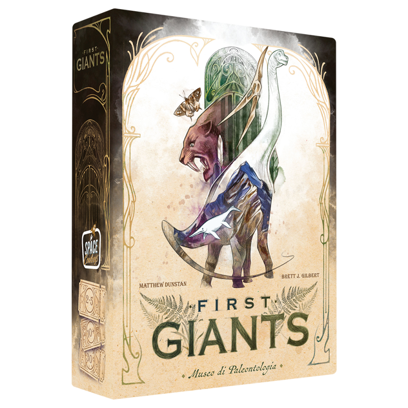 First Giants - vista frontale della confezione, gioco da tavolo di paleontologia Asmodee