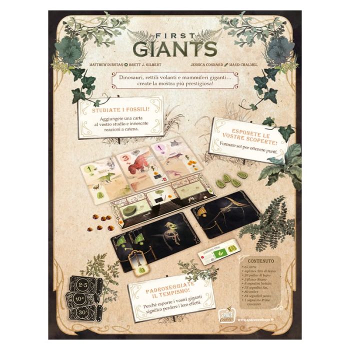 First Giants - retro della scatola con descrizione e contenuto, gioco da tavolo Asmodee